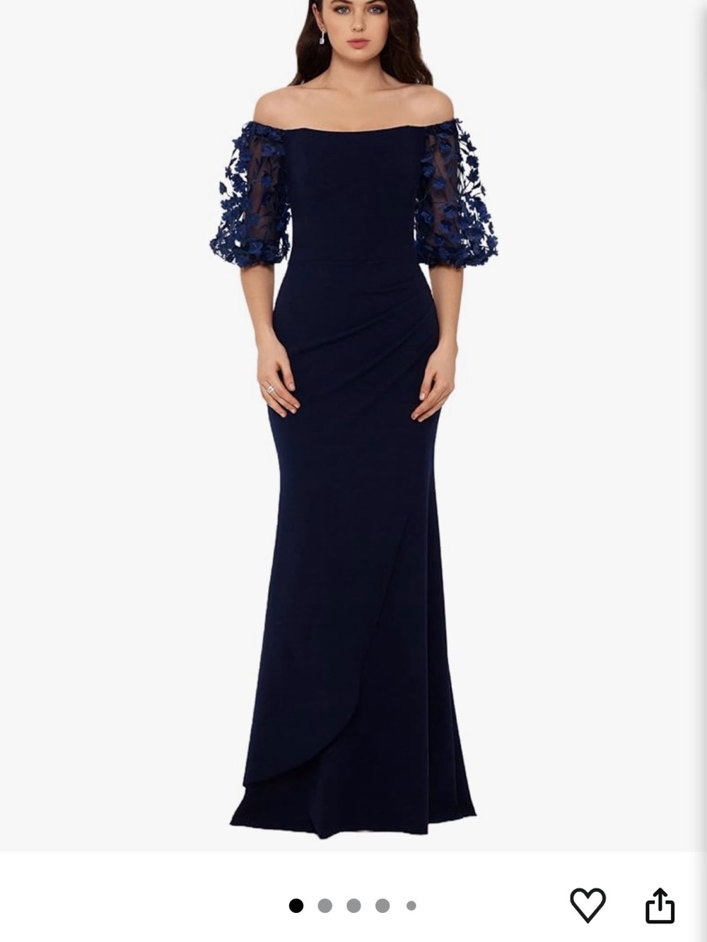 Xscape Navy Off-Shoulder Maxi Dress with Embroidered Puff Sleeves